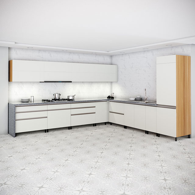 L Shape Kitchen in Oak and Pale Grey Finish