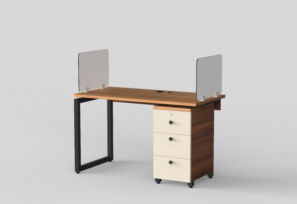 Aaron Work Station With Pedestal Unit in Teak and Irish Cream Finish with Magnetic Glass Privacy - OWS303 C3