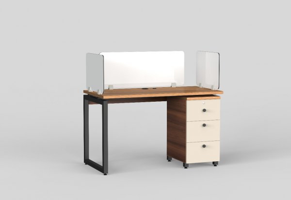 Aaron Work Station With Pedestal Unit in Teak and Irish Cream Finish with Magnetic Glass Privacy - OWS301 C3