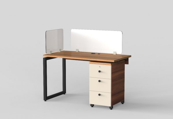 Aaron Work Station With Pedestal Unit in Teak and Irish Cream Finish with Magnetic Glass Privacy - OWS302 C3