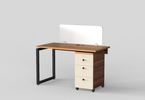 Aaron Work Station With Pedestal Unit in Teak and Irish Cream Finish with Magnetic Glass Privacy - OWS309 C3